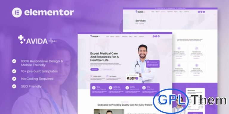 Avida – Health & Medical Elementor Template Kit Avida is a modern and professional Elementor Template Kit designed for health and medical websites. It is ideal for clinics, hospitals, doctors, dentists, pharmacies, surgeons, psychiatrists, and other healthcare services.
