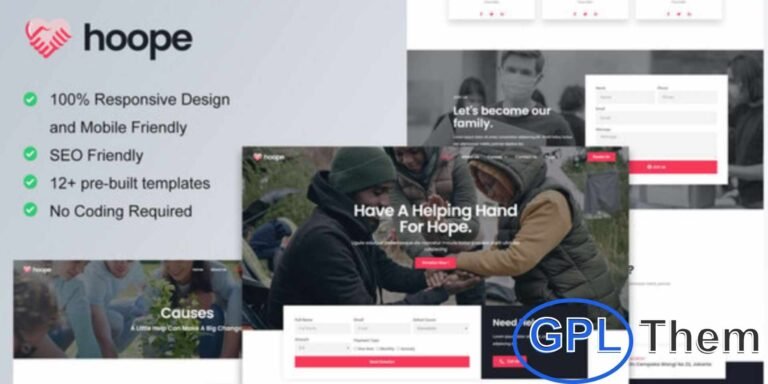 Hoope – Charity & Donation Elementor Template Kit Hoope is a modern and fully responsive Elementor Template Kit designed for charity and donation websites. Perfect for nonprofits, fundraising campaigns, volunteer programs, and donation drives, this template features a clean and professional layout.