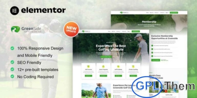 Greenside – Golf Club & Academy Elementor Template Kit Greenside is a modern and professional Elementor Template Kit crafted for golf clubs, academies, and sports-related websites. Featuring 12+ pre-designed templates with a clean, elegant layout, it is perfect for showcasing golf courses, events, memberships, or training programs.