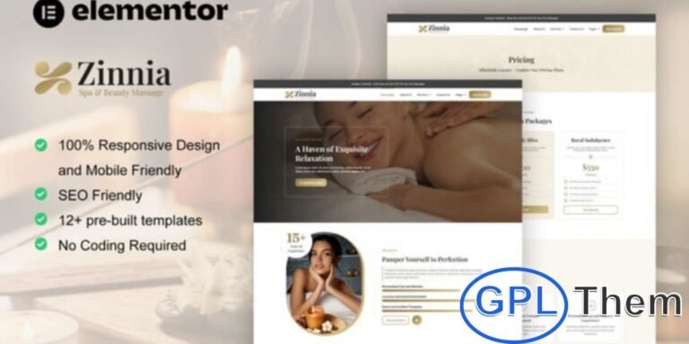 Zinnia – Spa & Beauty Care Elementor Pro Template Kit Zinnia is a modern and elegant Elementor Pro Template Kit designed for spas, wellness centers, and beauty care businesses.