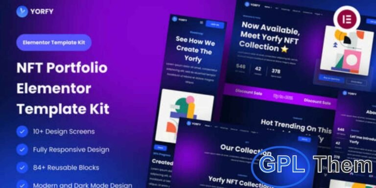 Yorfy – NFT Project Elementor Template Kit Yorfy is a modern and stylish Elementor Template Kit designed for NFT projects, digital art portfolios, and blockchain websites. With a sleek dark theme and fully responsive design, Yorfy provides the perfect solution to showcase your NFT collections, crypto projects, or technology-based services.