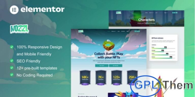 Nozzle – Game NFT Elementor Pro Template Kit Nozzle is a modern and creative Elementor Pro Template Kit designed for NFT games, crypto collectibles, and digital asset websites.