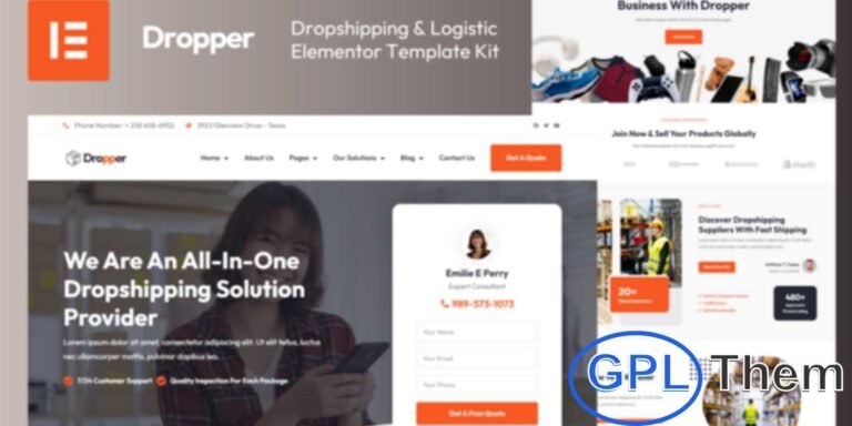 Dropper – Dropshipping & Logistic Elementor Pro Template Kit Dropper is a modern Elementor Pro Template Kit designed for dropshipping, logistics, and eCommerce businesses. It includes a complete set of pre-built templates tailored for resellers, warehouses, shipping services, and online stores.