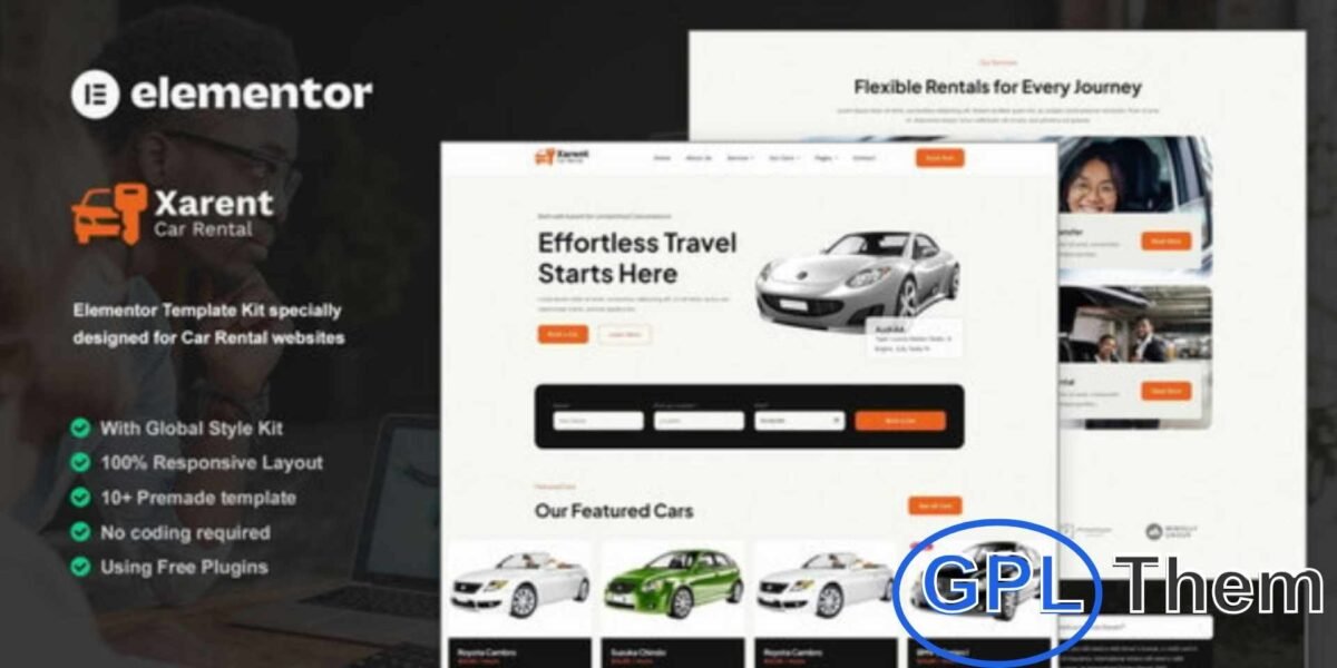 Xarent – Car Rental Elementor Template Kit Xarent is a modern Elementor Template Kit designed for car rental and automotive businesses. It includes a complete set of templates ideal for car rental services, vehicle booking, car listings, dealerships, auto sales, transportation, and related businesses.