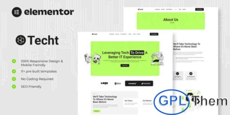 Techt – IT Solutions & Services Company Elementor Template Kit Techt is a modern and professional Elementor Template Kit designed for IT solutions and technology service companies. Perfect for startups, software firms, SaaS platforms, web agencies, and IT businesses, Techt helps you create a clean, responsive, and engaging website with ease.