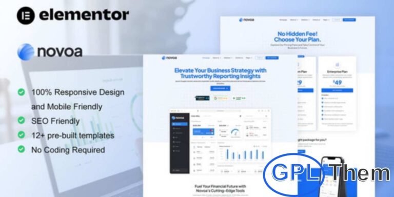 Novoa – SaaS & Finance Software Service Elementor Template Kit Novoa is a modern and professional Elementor Pro Template Kit designed for SaaS and Finance Software Service websites. It includes 12+ pre-built templates with a sleek, clean, and innovative design.