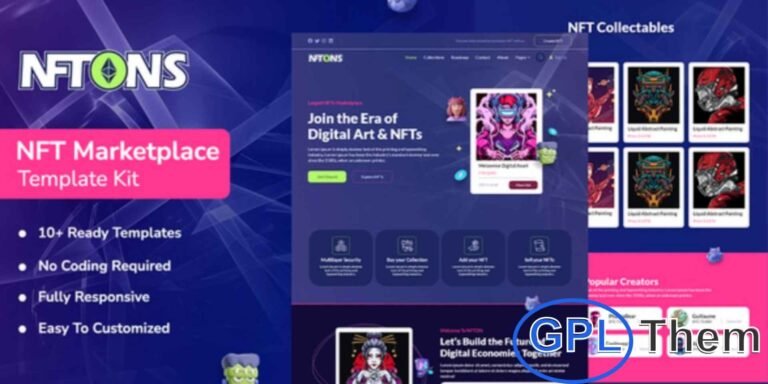 NFTONS – NFT & Cryptocurrency Elementor Template Kit NFTONS is a modern Elementor Template Kit designed for NFT services, digital collectibles, and cryptocurrency websites. This kit features a set of unique, pre-built templates crafted with Elementor, offering a flexible and professional platform to build visually stunning websites.