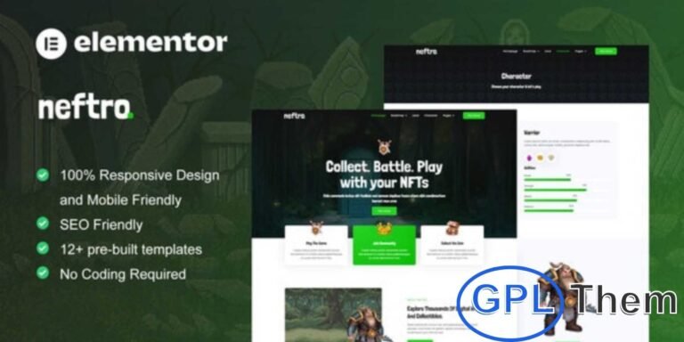 Neftro – Game NFT Elementor Template Kit Neftro is a modern Elementor Template Kit designed for NFT and gaming project websites. Perfect for showcasing NFT game portfolios, crypto-collectibles, digital items, and more, it features 12+ pre-built templates with sleek, contemporary designs.