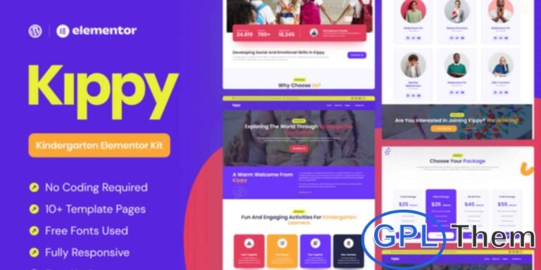 Kippy – Kindergarten Elementor Pro Template Kit Kippy is a bright and engaging Elementor Pro Template Kit designed for kindergarten, preschool, and kids’ education websites. It features 12+ beautifully crafted pages with colorful visuals and creative layouts, perfect for showcasing your school’s programs and activities.