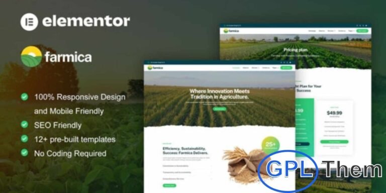 Farmica – Agriculture & Organic Farming Elementor Pro Template Kit Farmica is a modern and beautifully designed Elementor Pro Template Kit created for agriculture, organic farming, and eco-friendly business websites. Perfect for farms, hydroponic systems, greenhouses, gardening services, and landscaping companies, Farmica helps you build a professional online presence that promotes sustainability and growth.