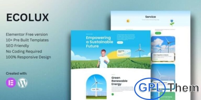 Ecolux – Green Renewable Energy Elementor Template Kit Ecolux is a modern and eco-friendly Elementor Template Kit crafted for businesses in the renewable energy, solar power, wind energy, and sustainable solutions industries. Designed with a clean and professional layout, Ecolux helps you create a visually appealing and SEO-optimized website that promotes green innovation and environmental awareness.