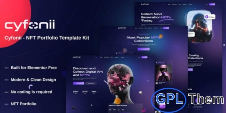 Cyfonii – NFT & Digital Asset Agency Portfolio Elementor Template Kit Cyfonii is a modern and creative Elementor Template Kit built for NFT marketplaces, blockchain agencies, crypto art portfolios, and digital asset platforms. Perfect for showcasing and managing NFT collections, crypto assets, and digital collectibles, this kit helps you create a visually stunning and high-performing website with ease.