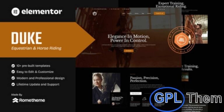 Duke – Equestrian & Horse Riding Elementor Template Kit Duke is a modern and elegant Elementor Template Kit designed exclusively for equestrian clubs, horse riding schools, stables, breeders, and animal care centers. Built with precision and style, this kit helps you create a professional, visually appealing, and fully responsive website that reflects your passion for horses and excellence in riding.