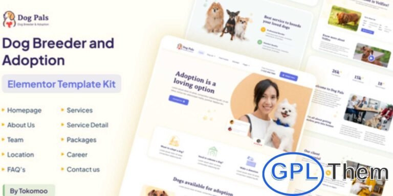 Dog Pals – Dog Breeder & Adoption Elementor Template Kit Dog Pals is a modern and stylish Elementor Template Kit designed for dog breeders, pet adoption centers, kennels, and dog care services. With its clean and professional layout, this kit helps you build a beautiful website that showcases your pets, adoption programs, and care services effortlessly.