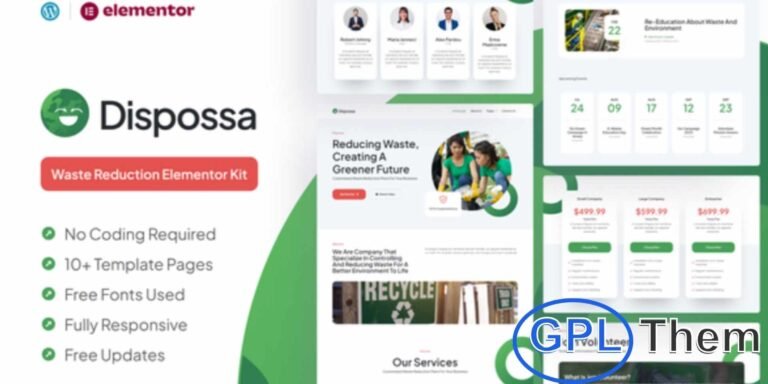 Dispossa – Waste Reduction Elementor Pro Template Kit Dispossa is a modern and eco-friendly Elementor Pro Template Kit designed specifically for waste reduction, recycling, and environmental sustainability websites. Perfect for organizations, eco startups, and green initiatives, this kit helps you build a professional online presence that promotes a cleaner and greener planet.