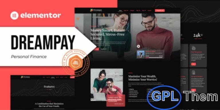 Dreampay – Personal Finance Elementor Pro Template Kit Dreampay is a modern and elegant Elementor Pro Template Kit designed for personal finance, budgeting, investment, and financial planning websites. With its clean dark-themed design, this kit helps individuals and finance experts create a professional online platform to showcase services, manage money tools, or share financial advice.