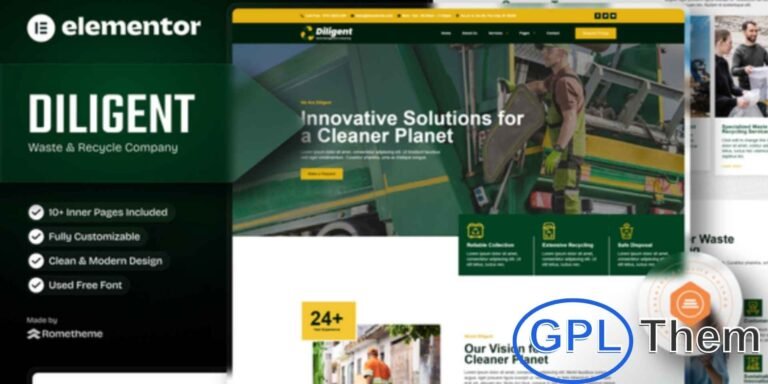 Diligent – Waste Management & Recycling Company Elementor Template Kit Diligent is a modern and eco-friendly Elementor Template Kit designed specifically for waste management, recycling, environmental services, and sustainability businesses. Whether you manage a recycling plant, waste collection service, or eco-solution company, Diligent helps you build a clean, professional, and impactful online presence effortlessly.