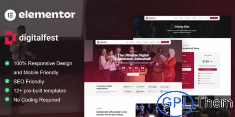 DigitalFest – Event & Conference Elementor Pro Template Kit DigitalFest is a modern and professional Elementor Pro Template Kit designed specifically for event, conference, and seminar websites. With its clean, stylish, and fully responsive layout, this kit helps you build an impressive online presence for your events without writing a single line of code.