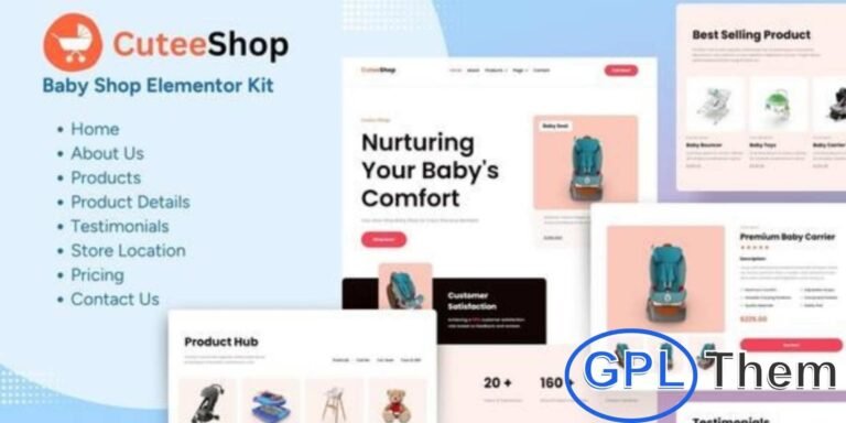 CuteeShop – Kids & Baby Ecommerce Elementor Template Kit CuteeShop is a delightful and modern Elementor Template Kit designed for baby stores, kids’ fashion boutiques, toy shops, and children’s product retailers. Built with the powerful Elementor Page Builder, this kit allows you to create a beautiful, fully functional eCommerce website without writing a single line of code.