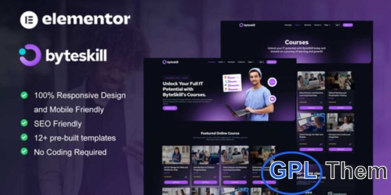 ByteSkill – IT Online Course & Education Elementor Pro Template Kit ByteSkill is a modern and professional Elementor Pro Template Kit designed specifically for IT training, online learning platforms, and educational websites. Featuring 12+ pre-built templates with a clean and modern dark-style design, ByteSkill helps you create an engaging and professional online education experience without coding.