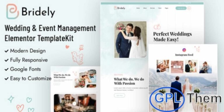 Bridely – Wedding & Event Management Elementor Template Kit Bridely is a modern and elegant Elementor Template Kit designed for wedding planners, event management companies, and function organizers. Crafted with attention to detail, it offers a perfect blend of style and functionality to beautifully present your services, portfolio, and client stories.