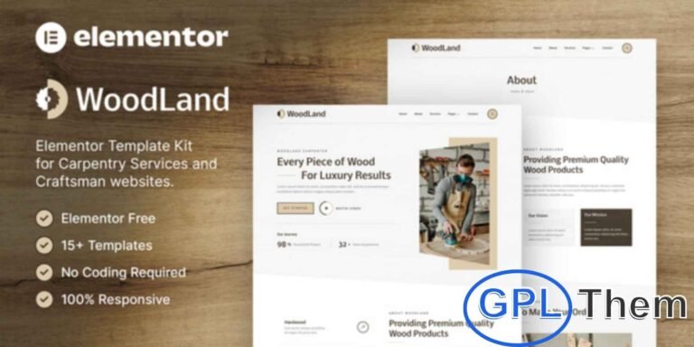 WoodLand – Carpenter & Craftsman Elementor Template Kit WoodLand is a modern and professional Elementor Template Kit designed for carpentry and woodworking businesses.
