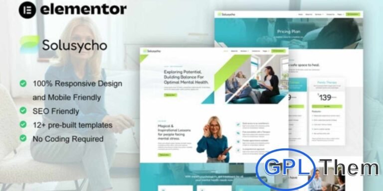 Solusycho – Psychology & Mental Health Elementor Template Kit Solusycho is a modern Elementor Template Kit designed for psychology, therapy, and mental health websites. Featuring 12+ professionally crafted templates, it’s perfect for psychiatrists, therapists, counselors, life coaches, and mental health clinics.