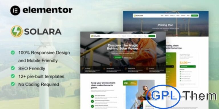 Solara – Solar Panel & Renewable Energy Elementor Template Kit Solara is a modern Elementor Template Kit designed for solar energy, renewable energy, and green technology companies.