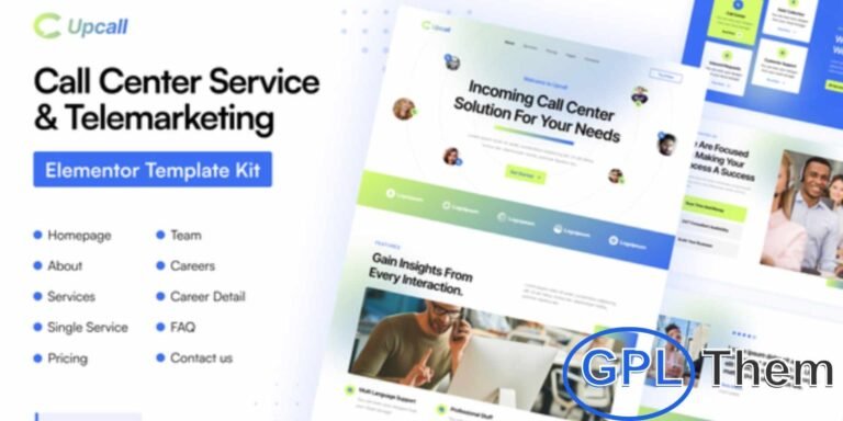 Upcall – Call Center Service & Telemarketing Elementor Pro Template Kit Upcall is a sleek and modern Elementor Pro Template Kit designed for call center companies, telemarketing services, customer support agencies, virtual assistant businesses, and remote administrative support services. Its clean and professional layout allows you to present your services effectively while building trust with clients.