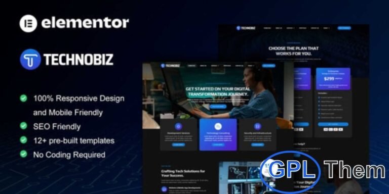 TechnoBiz – IT Solutions & Services Elementor Pro Template Kit TechnoBiz is a modern Elementor Pro Template Kit built for IT solution and technology service websites. Designed with a clean, professional, and fully responsive layout, it’s perfect for startups, enterprises, and tech companies offering services like web development, hosting, cybersecurity, cloud data, and digital marketing.