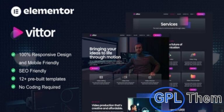 Vittor – Video Production Service Elementor Pro Template Kit Vittor is a sleek and modern Elementor Pro Template Kit designed for video production service websites. Perfect for film studios, media agencies, vloggers, filmmakers, and creative professionals, Vittor offers a clean, professional design with fully responsive layouts.