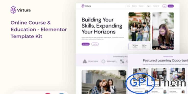 Virtura – Online Course & Education Elementor Template Kit Virtura is a modern and flexible Elementor Template Kit designed for online education platforms, tutors, instructors, training centers, and e-learning businesses. Perfect for WordPress users, this kit helps you create a professional and engaging online learning website with ease.