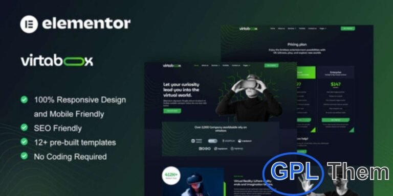 VirtaBox – Virtual Reality Services Elementor Template Kit VirtaBox is a modern Elementor Template Kit specially crafted for Virtual Reality service websites. Perfect for VR businesses, game developers, tech innovators, or creative studios, this kit lets you design professional sites for commercial VR, entertainment VR, mobile VR, drone simulations, architecture visualization, and more.
