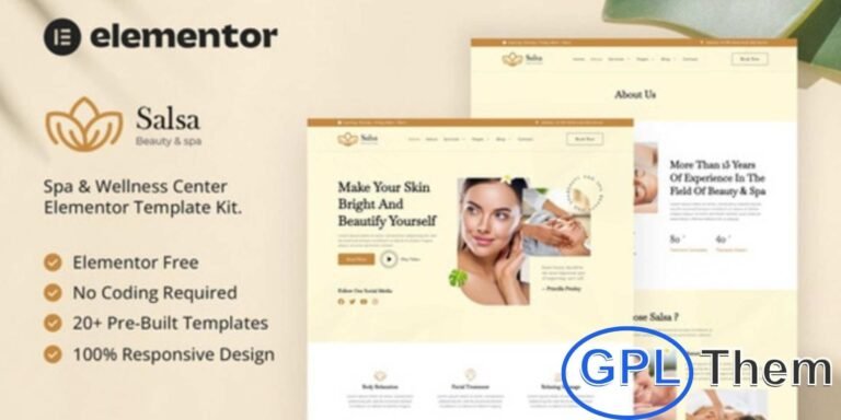 Salsa – Beauty & Spa Elementor Template Kit Salsa is a modern Elementor Template Kit designed for salons, spas, wellness centers, yoga studios, meditation classes, and other health and beauty businesses.