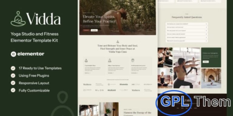 Vidda – Yoga Studio & Fitness Elementor Template Kit Vidda is a modern and fully responsive Elementor Template Kit designed for yoga studios, meditation centers, wellness coaches, and fitness professionals. Perfect for creating a professional WordPress website, this kit features a clean and contemporary design that’s easy to customize without any coding skills.