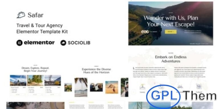 Safar – Travel & Tour Agency Elementor Template Kit Safar is a modern Elementor Template Kit designed for travel agencies, tour operators, and adventure blogs. Perfect for tourism guides, vacation websites, travel reviews, and wanderlust blogs, Safar helps you create a professional and visually engaging website quickly.