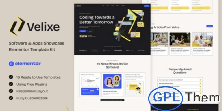 Velixe – Software & Apps Showcase Elementor Template Kit Velixe is a modern and clean Elementor Template Kit designed specifically for software companies, SaaS businesses, and tech startups. With a professional, responsive layout, Velixe makes it easy to showcase your apps, software solutions, or tech products.