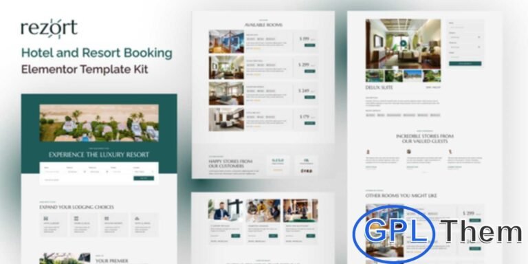 Rezort – Hotel & Resort Booking Elementor Template Kit Rezort is a modern Elementor Template Kit designed for hotels, resorts, and accommodation booking websites. Featuring 18 beautifully crafted templates, Rezort helps you create a professional and visually appealing online presence.