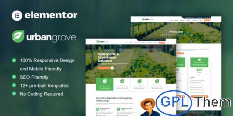 UrbanGrove – Hydroponic & Agriculture Elementor Template Kit UrbanGrove is a modern Elementor Pro Template Kit designed for hydroponic, agriculture, and related businesses. Ideal for farms, greenhouses, gardening services, and landscaping projects, it features 12+ pre-built templates with a clean, professional, and modern design.