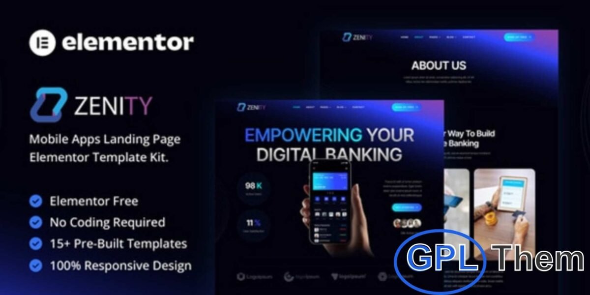 Zenity – Mobile App Landing Page Elementor Template Kit Zenity is a sleek and modern Elementor Template Kit designed to create professional landing pages for mobile apps. Perfect for app developers, tech startups, and software businesses, this kit helps you showcase app features, user benefits, and download options effectively.