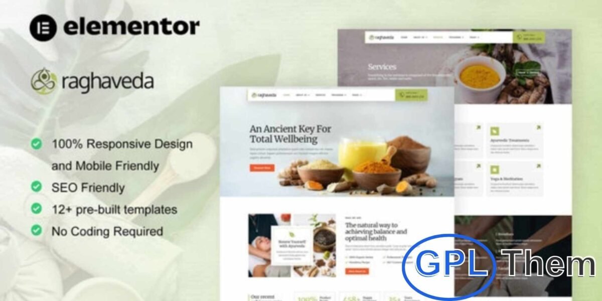 Raghaveda – Ayurveda Treatment & Spa Elementor Template Kit Raghaveda is a modern Elementor Template Kit designed for Ayurveda treatment centers, spas, wellness clinics, and holistic health services.
