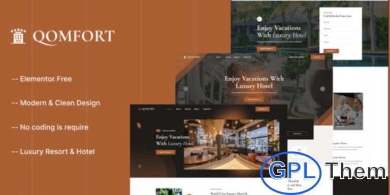 Qomfort – Hotel Booking Elementor Template Kit Qomfort is a modern and stylish Elementor Template Kit designed for hotel booking, resort, and accommodation websites.