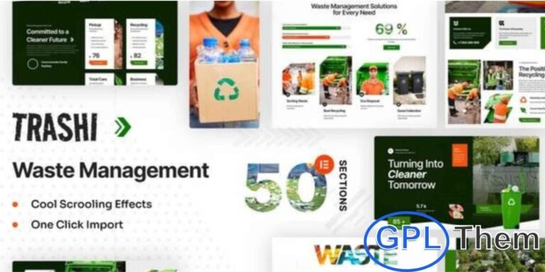 Trashi – Waste Management & Recycling Elementor Pro Template Kit Trashi is a professional Elementor Pro Template Kit designed for waste management, recycling services, and environmental sustainability websites.