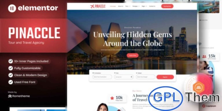 Pinnacle – Tour & Travel Elementor Template Kit Pinnacle is a stylish and modern Elementor Template Kit designed specifically for tour and travel websites.