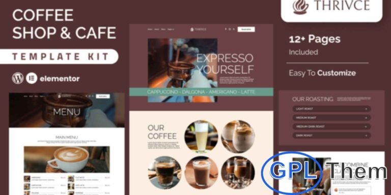 Thrivce – Coffee Shop & Cafe Elementor Template Kit Thrivce is a modern and stylish Elementor Template Kit designed for coffee shops, cafés, and bistros. Perfect for showcasing menus, sharing your story, and attracting coffee enthusiasts, this kit features elegant layouts, easy navigation, and full customization with Elementor.