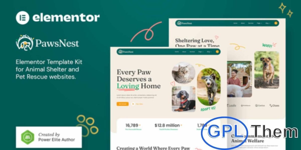 PawsNest – Animal Shelter & Pet Rescue Elementor Template Kit PawsNest is a beautifully designed Elementor Template Kit created for animal shelters, pet rescue centers, animal welfare organizations, and pet care services.