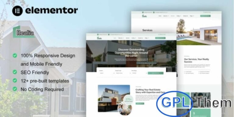 Realea – Real Estate & Property Elementor Pro Template Kit Realea is a modern Elementor Pro Template Kit designed for real estate and property websites. Perfect for real estate agents, property listings, architecture firms, interior designers, apartment agencies, and furniture businesses, Realea offers 12+ pre-built templates with stylish and contemporary layouts.