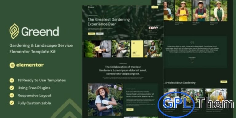 Greend – Gardening & Landscape Service Elementor Template Kit Greend is a modern and beautifully designed Elementor Template Kit crafted specifically for gardening, landscaping, and outdoor service businesses. Ideal for gardeners, landscapers, florists, agriculture experts, and ecology-based companies, this kit helps you build a professional, eco-inspired website that perfectly reflects your brand’s natural essence.