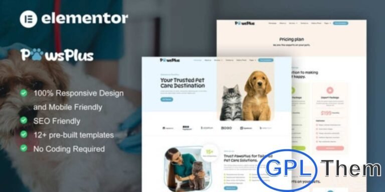 PawsPlus – Pet Care & Veterinary Elementor Template Kit PawsPlus is a professional Elementor Pro Template Kit designed for pet care businesses and veterinary services.