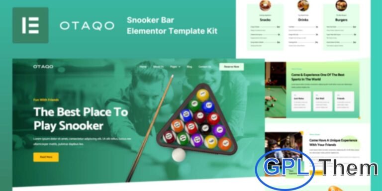 Otaqo – Snooker & Pool Bar Elementor Pro Template Kit Otaqo is a modern Elementor Pro Template Kit designed for snooker clubs, pool bars, and billiard venues. Perfect for promoting tournaments, events, club activities, and membership services, Otaqo features a clean, engaging design with fully responsive layouts.